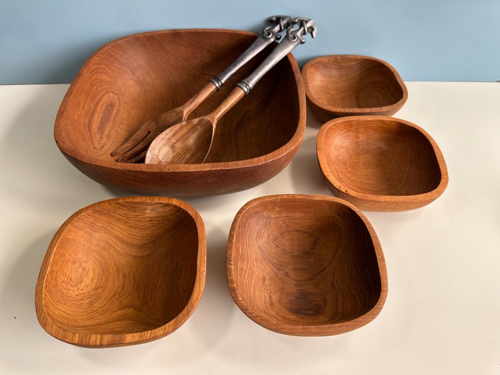 Teak Wood Salad Bowl Set with Serving Utensils – Genuine Teak from Thailand