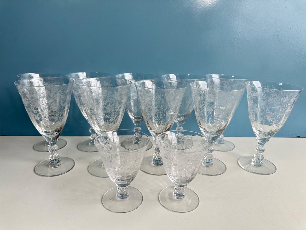 (X's 12)  Vintage Fostoria Chintz Etched Glassware Set – Set of 12 – Elegant Dining