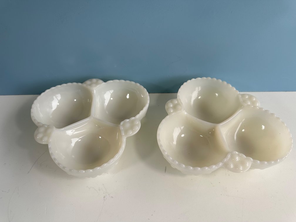 (X's 2) Pair of Vintage Milk Glass Candy Bowls – Three-Sectioned with Elegant Detailing