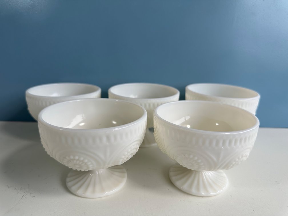 (X's 5) Set of Five Vintage Milk Glass Dessert Bowls – Elegant White Pedestal Design
