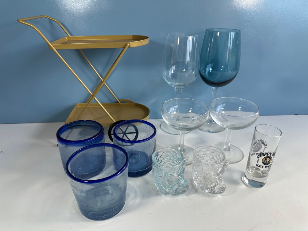 Mixed Glassware Collection with Gold Bar Cart Tray – Variety of Glass Styles