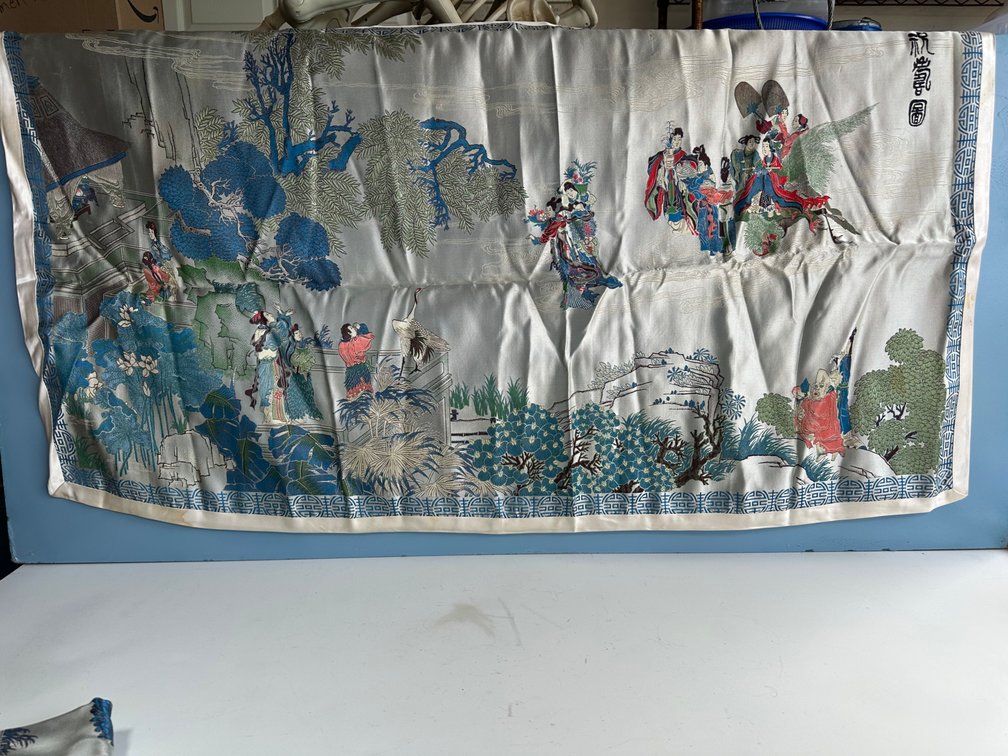 Vintage Brocaded Asian Silk Tapestry – Exquisite Art Piece – Approx. 44" x 24"