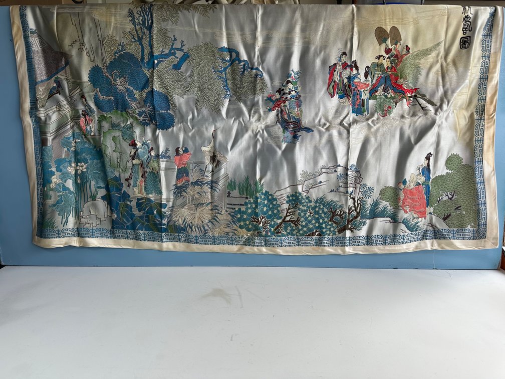Vintage Brocaded Asian Silk Tapestry – Exquisite Art Piece – Approx. 44" x 24"