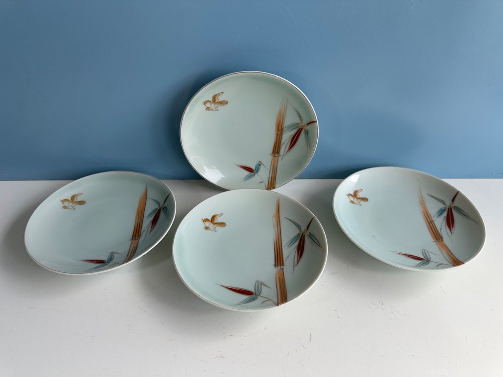 (X's 4) Set of Four Japanese Plates – Hand-Painted Bamboo and Bird Design