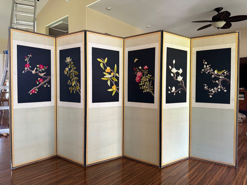 Stunning Six-Panel Folding Screen with Intricate Embroidery – Elegant Floral and Bird Designs