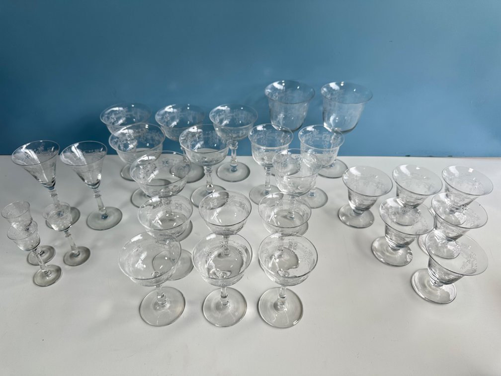 (X's 28) Large Collection of Vintage Etched Glassware – Elegant & Timeless