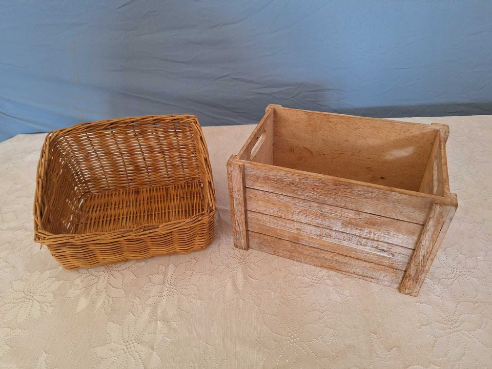 Wicker Basket and Wooden Crate 