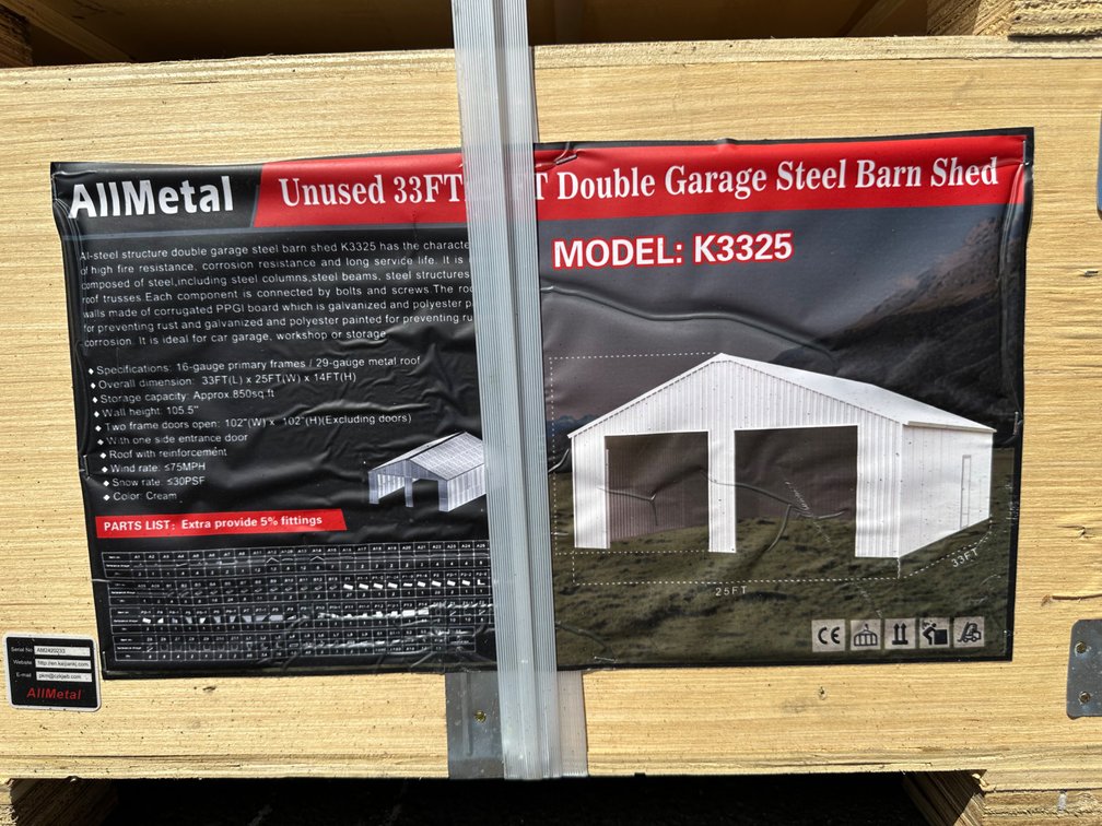 Allmetal Brand 33ft X 25ft Double Garage Steel Barn Shed 