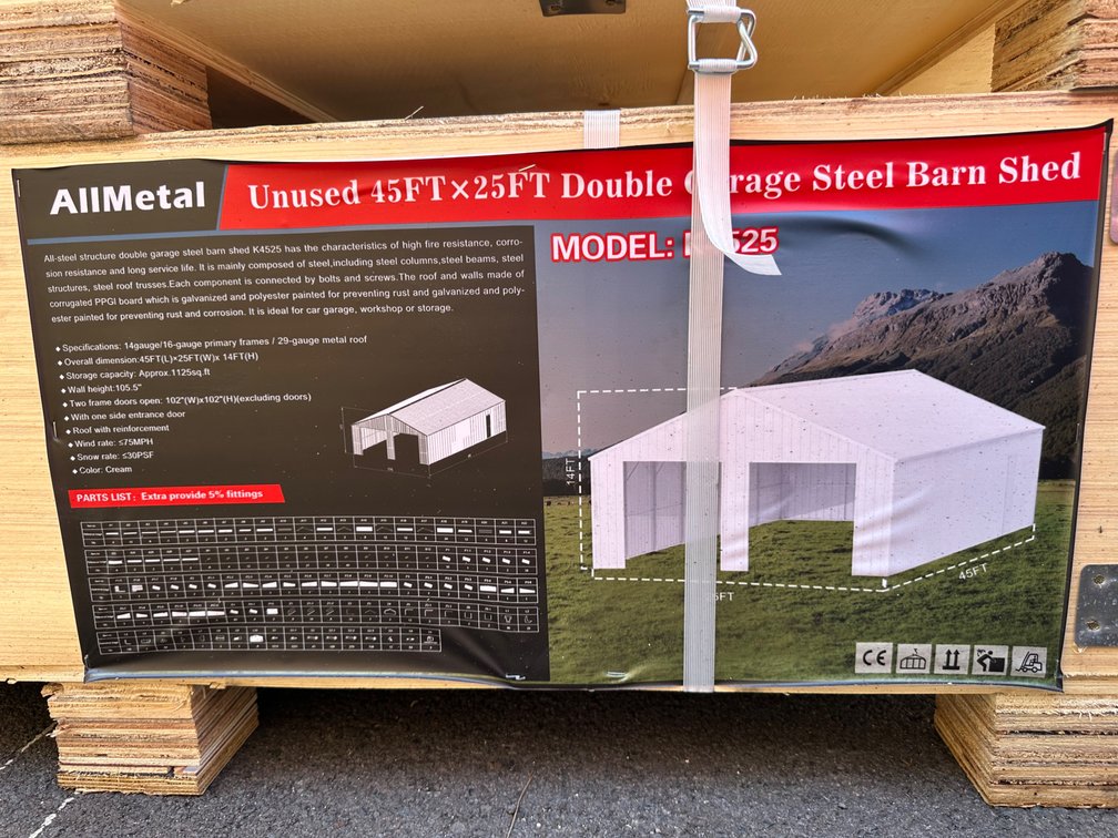 Allmetal Brand 45ft X 25ft Double Garage Steel Barn Shed 