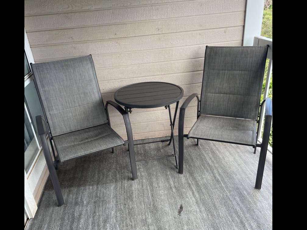 2 metal and canvas lanai chairs plus metal table