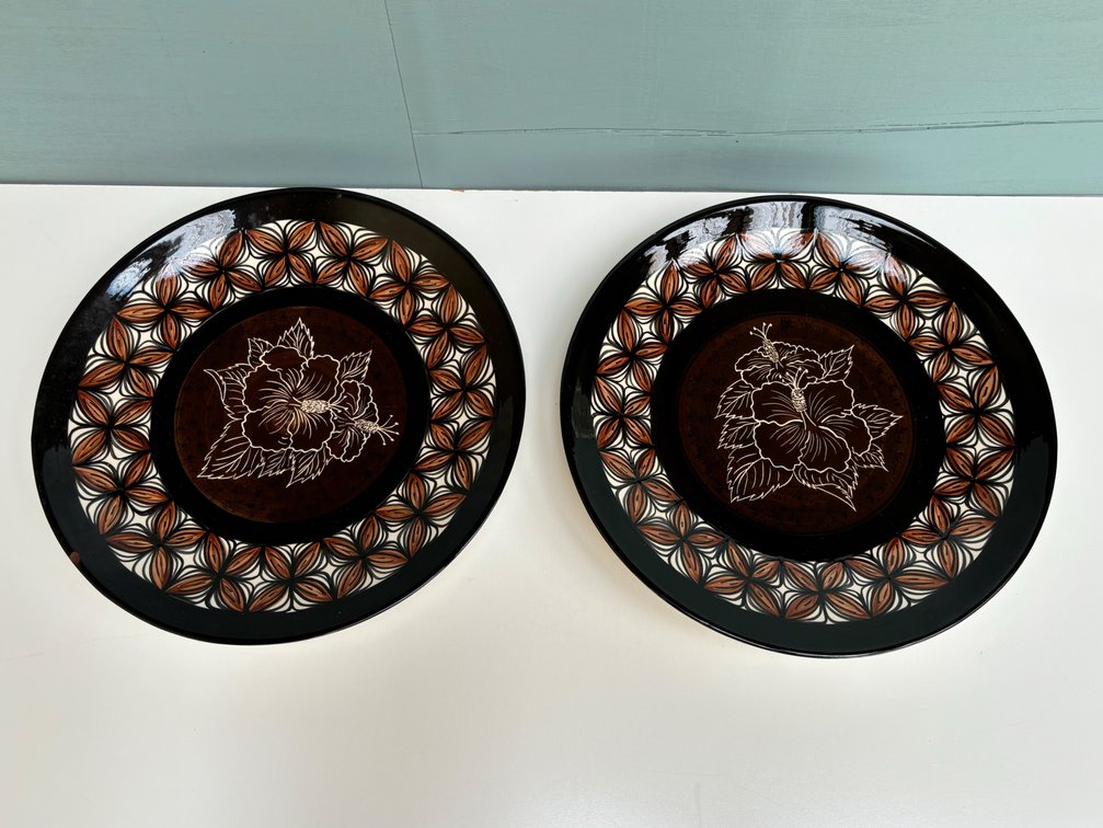 (X's 2) Hand Painted Tapa Design Platters by Chi Hawaii