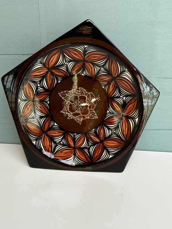Hand Painted 'Tapa' Pottery Plate with Pedestal Legs by Chi Hawaii
