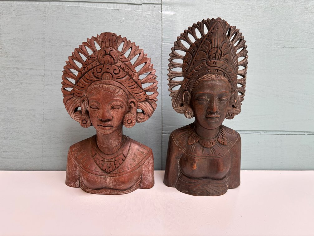 2 Carved Wooden Bali Ornate Busts