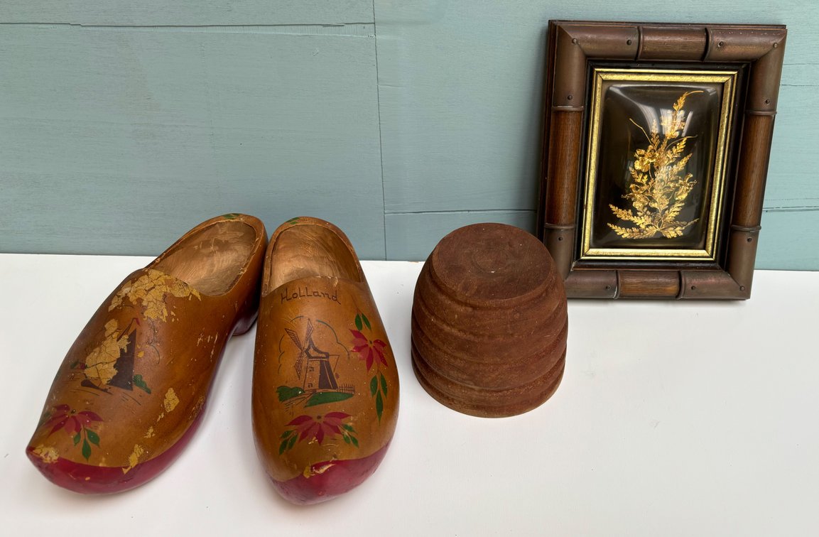 24K Gold Coated Hawaiian Fern Framed with Collectible Clogs and Stand