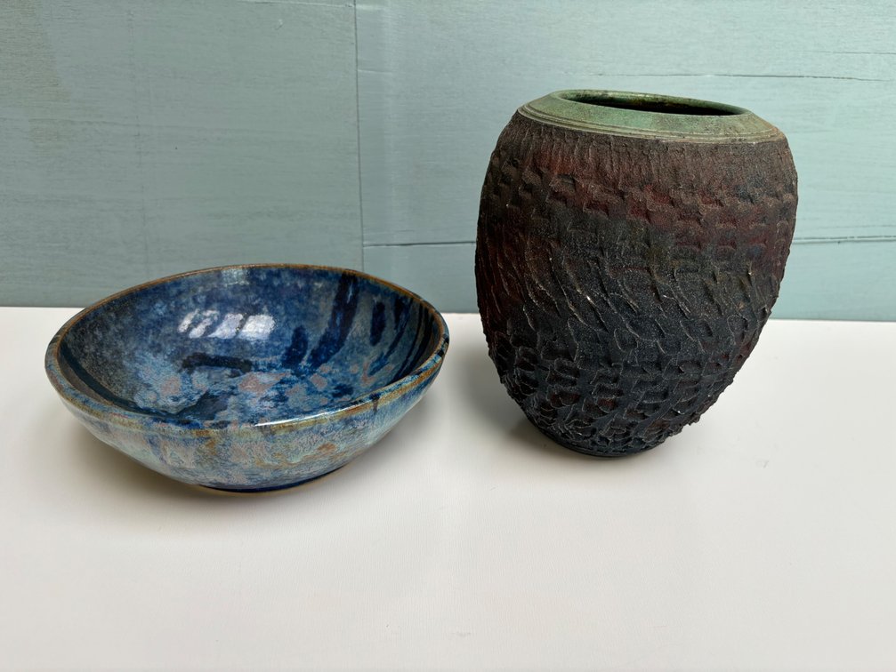 Hand Crafted Pottery Items Signed Textured Vase and Blue Glazed Bowl