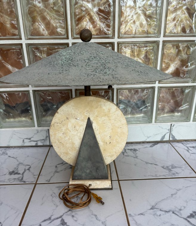 Geometric Shaped Stone Lamp with Wide Metal Shade