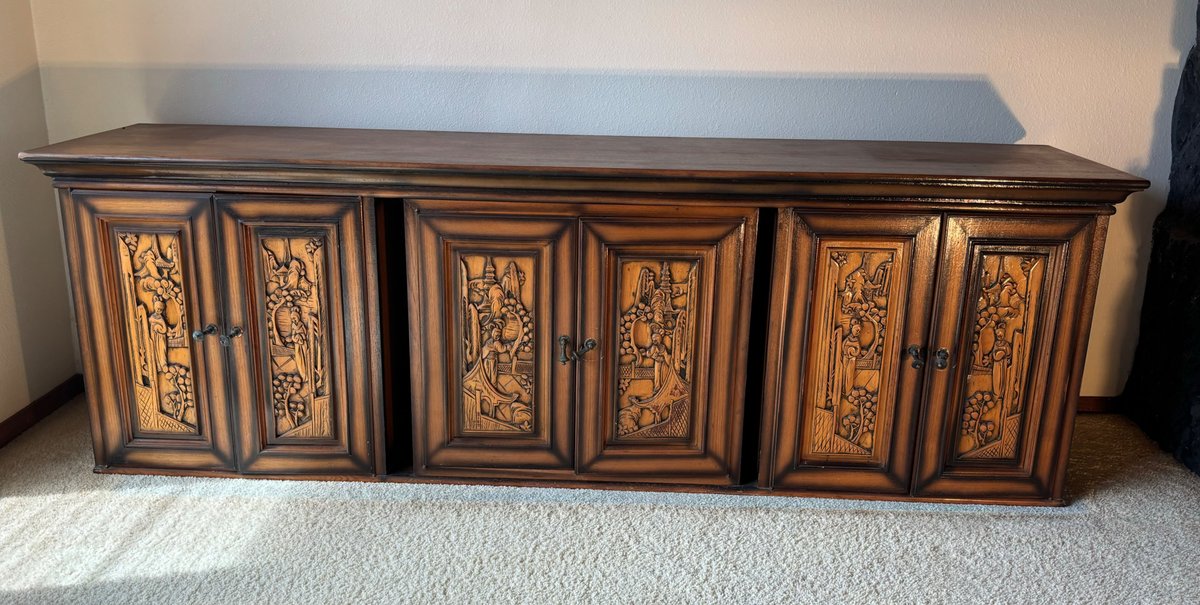 Vintage Intricately Carved Wooden Long Sideboard Cabinet