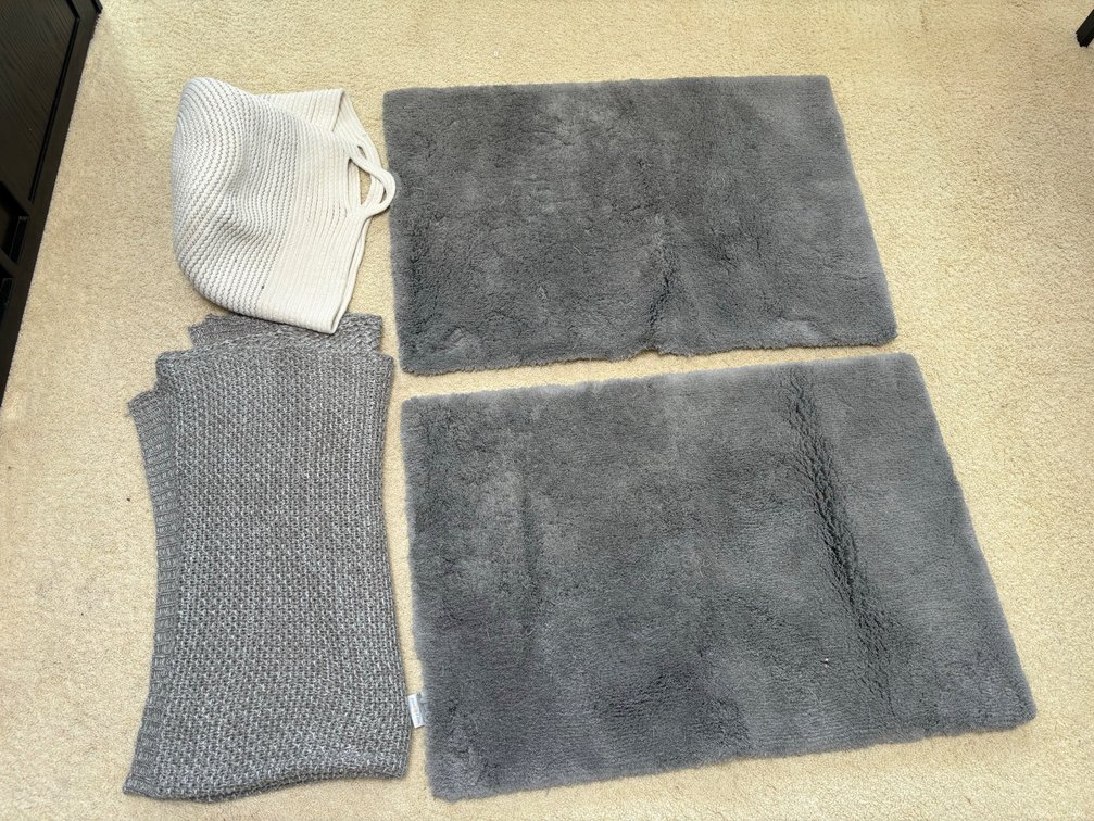 2 Neutral Colored Bath Mats, Cozy Blanket Throw and Soft Handled Basket