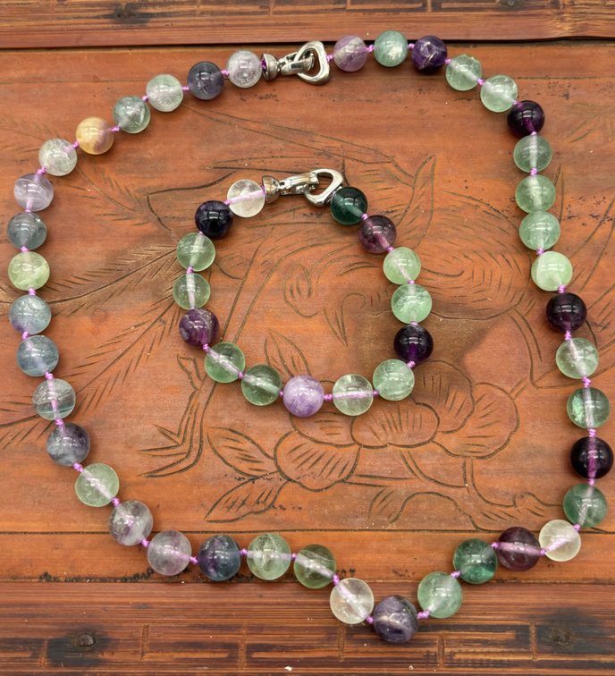 Purple & Green Round Jade Beaded Necklace Bracelet Set 925 Heart Clasps