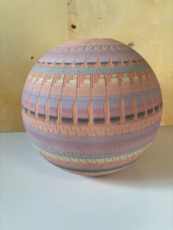 Navajo Large Etched Pottery Vase Signed 
