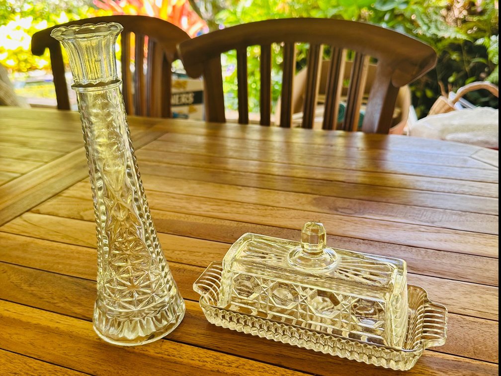 Crystal cut glass vase and butter dish
