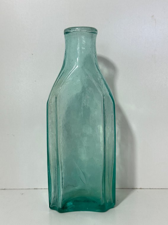 Antique Aqua Glass Bottle – Unique Paneled Shape – Early Molded Glass