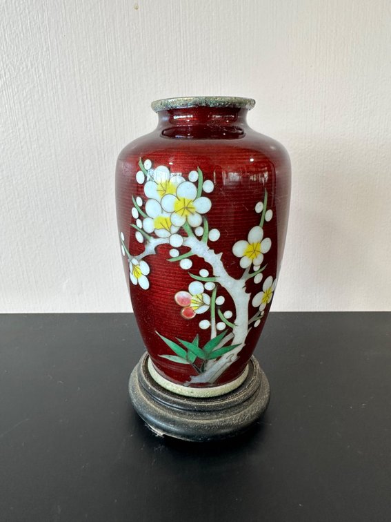 Vibrant Red Floral Cloisonné Vase – Marked Japan