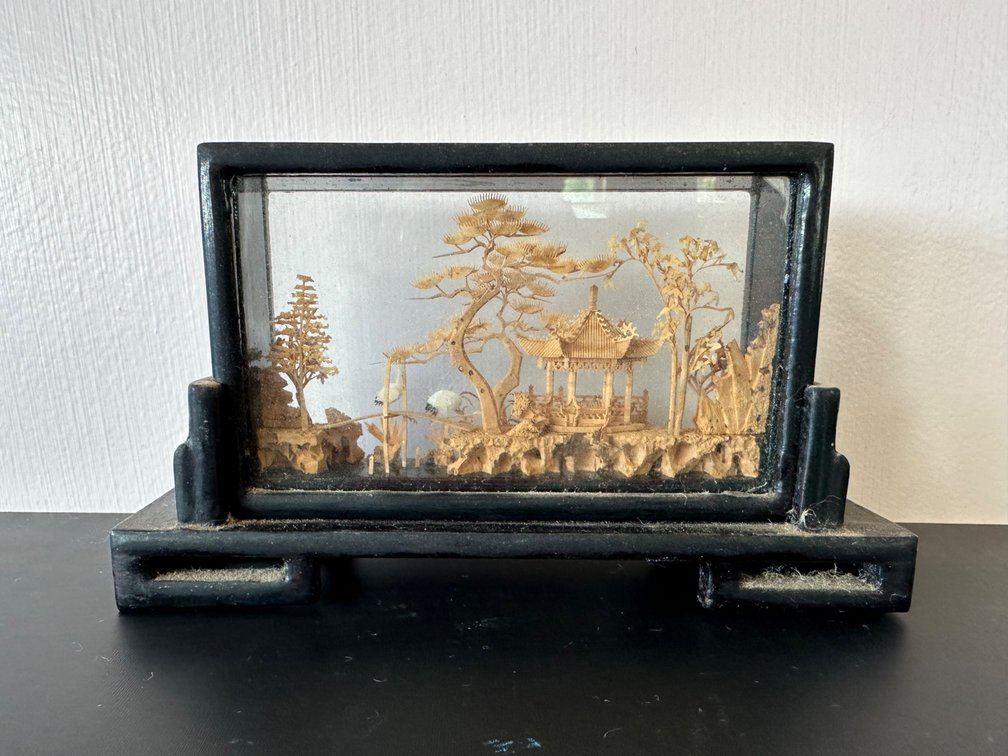 Miniature Asian Diorama in Glass Case – Intricately Detailed Wood Carving