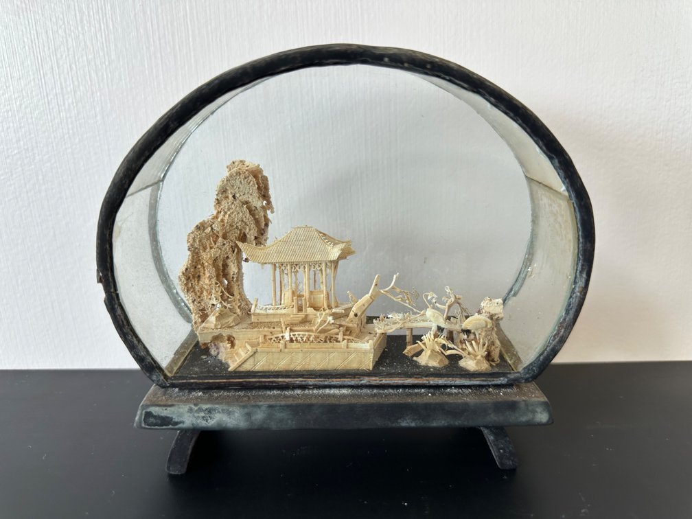 Miniature Carved Asian Diorama in Glass Display – Intricate Craftsmanship