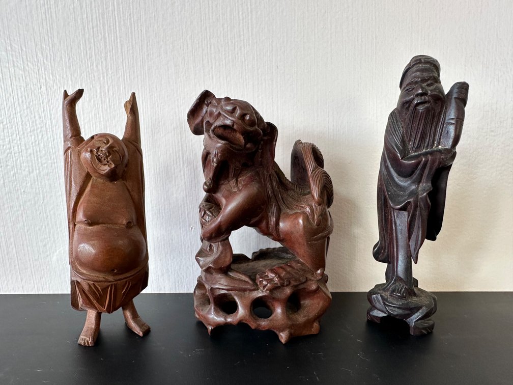 (X's 3) Set of Three Hand-Carved Wooden Figures – Traditional Asian Carvings