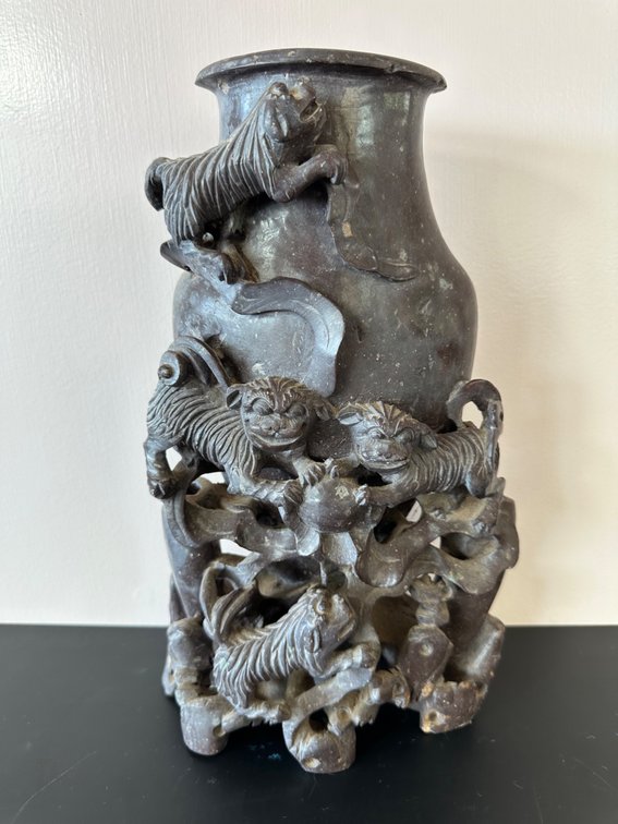 Carved Stone Vase with Foo Dogs 