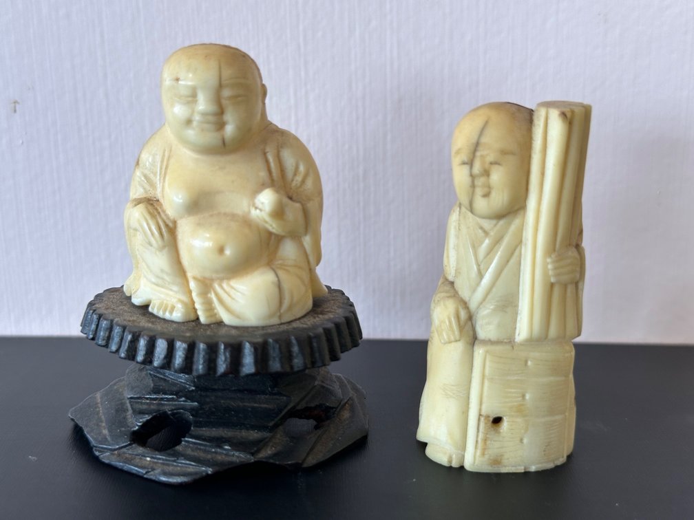 (X's 2) Set of Two Small Carved Bone Figurines – Happy Buddha and Monk with Scrolls