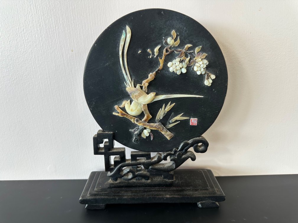 Striking Round Stone Décor Panel with Inlaid Birds and Blossoms