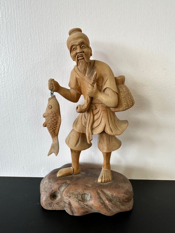 Hand-Carved Boxwood Fisherman Figurine – Made in Taiwan