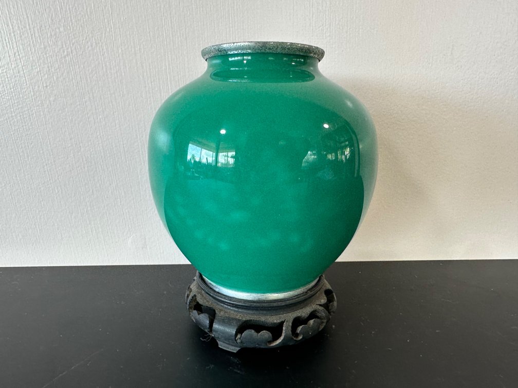 Japanese Ceramic Jar with Aged Metal Banding – Striking Green Glaze