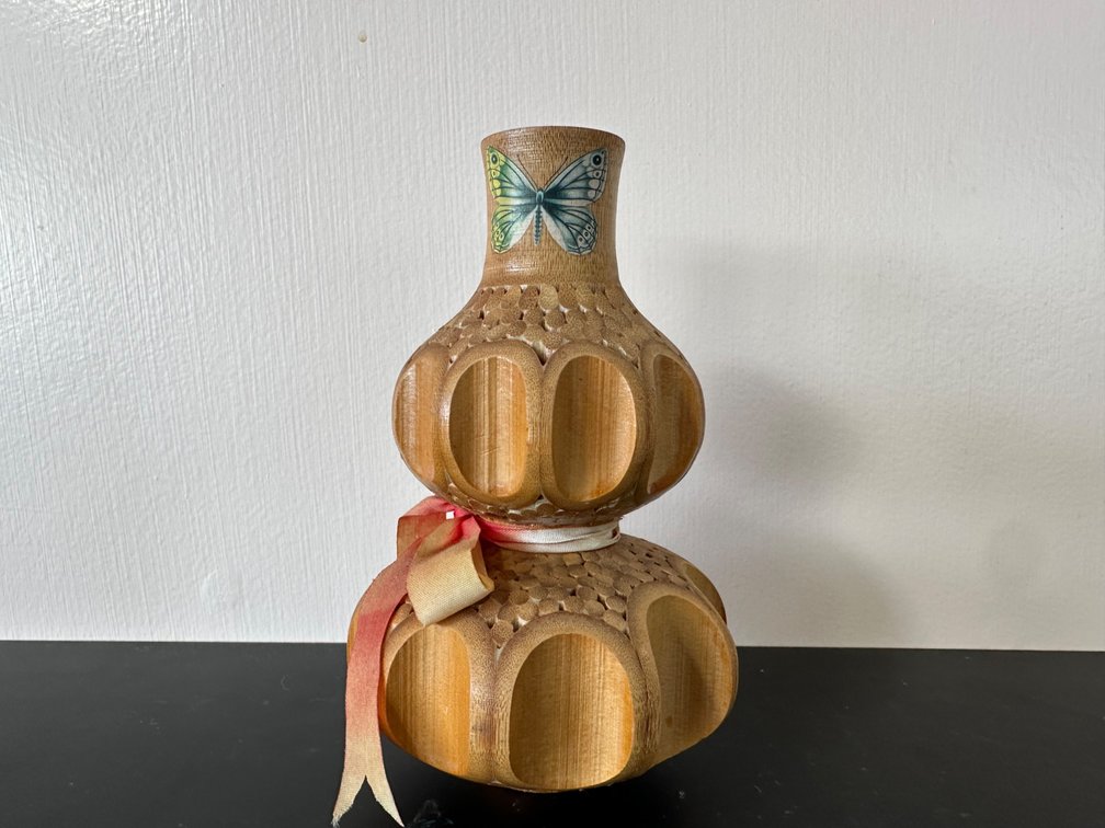 Whimsical Carved Wood Vase with Butterfly Detail 