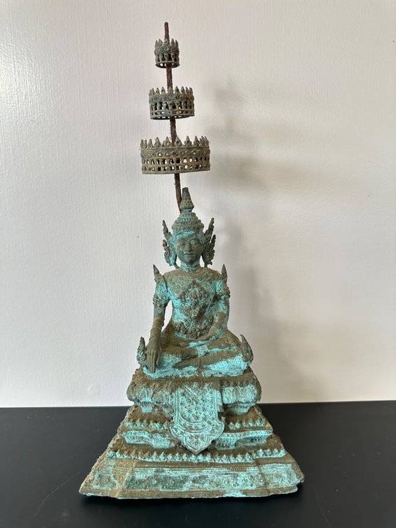 Antique-Style Bronze Seated Buddha with Tiered Headdress