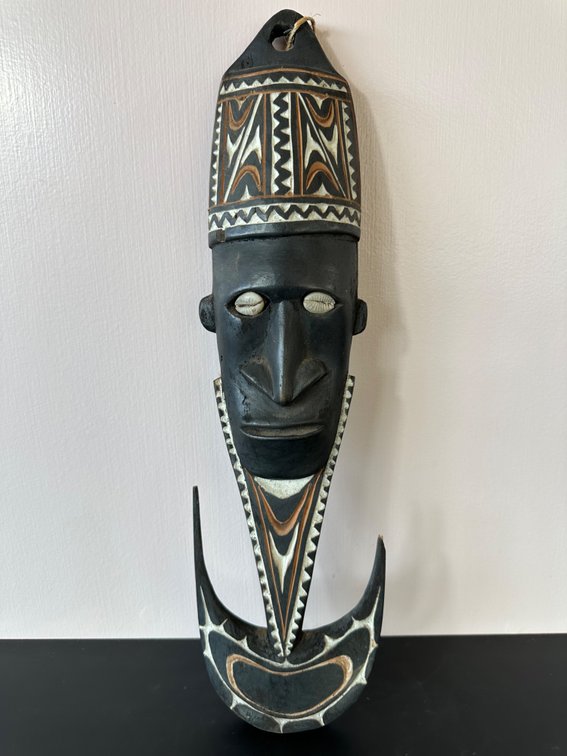 Papua New Guinea Style Carved Tribal Mask with Cowrie Shell Eyes