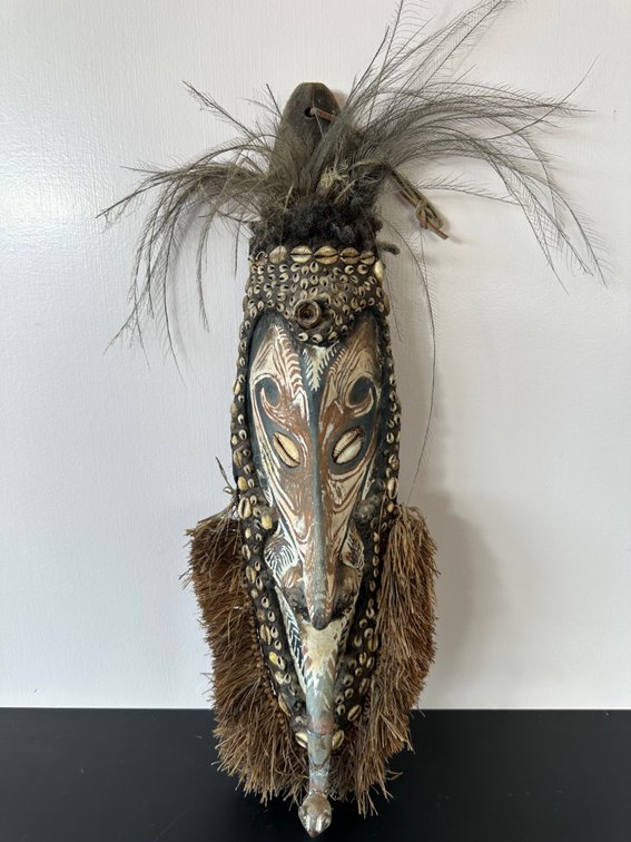 Papua New Guinea Carved Tribal Mask with Shell and Feather Detail