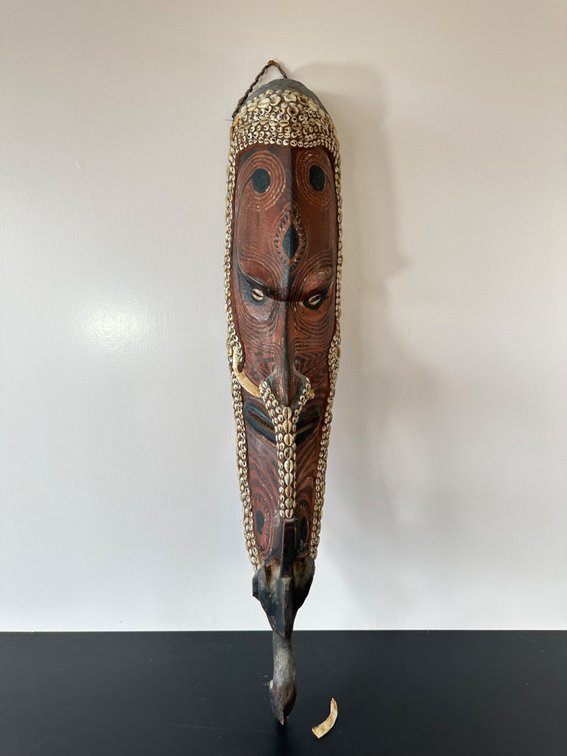 Large Papua New Guinea Tribal Mask with Shells and Carved Details