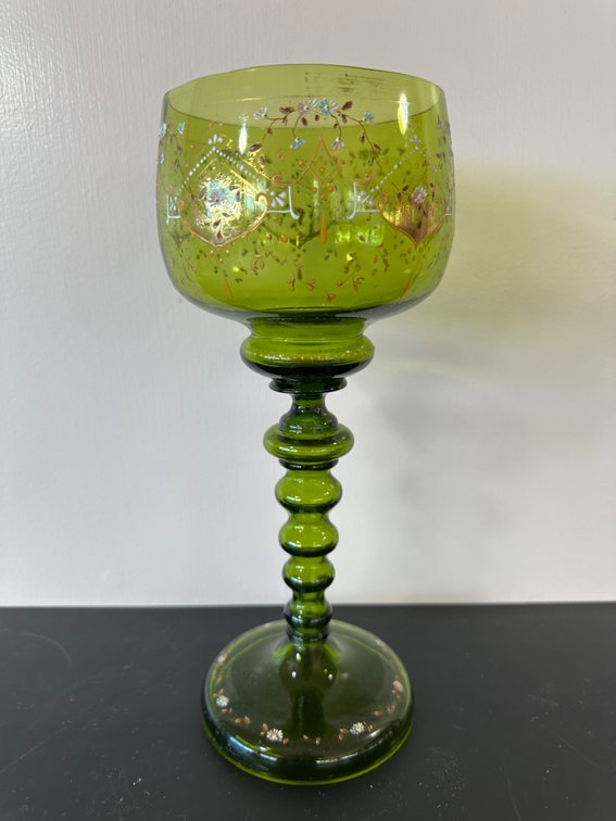 Hand-Painted Green Art Glass Goblet – Stunning Decorative Piece