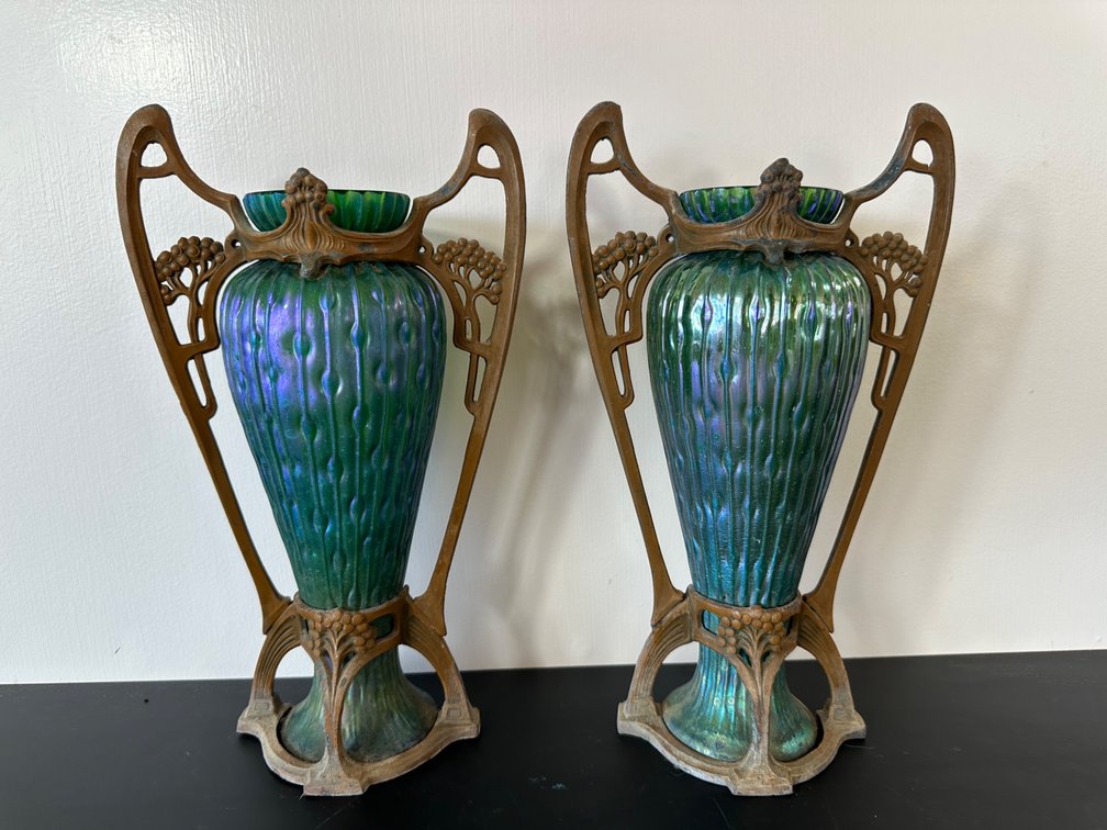(X's 2) Pair of Iridescent Glass Vases with Ornate Metal Frames – Approximately 12” Tall