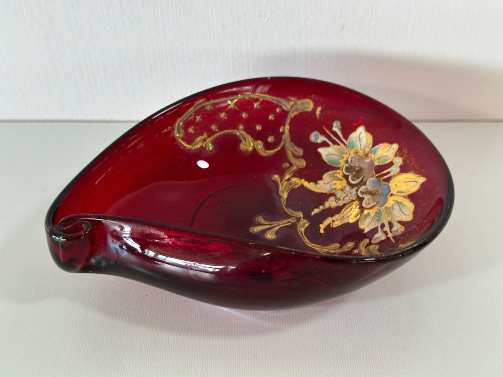 Italian Red Art Glass Bowl with Hand-Painted Floral Design