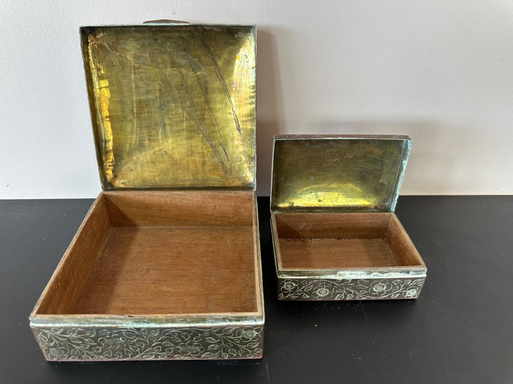 Pair of Ornate Embossed Brass and Wood Boxes – Decorative and Functional