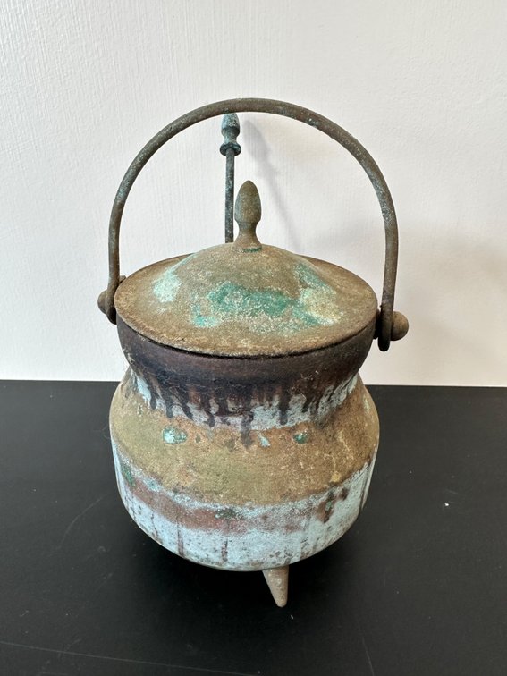 Vintage Cast Metal Smudge Pot with Lid and Wand – Rustic Patina