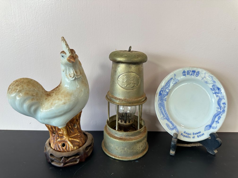 Charming Vintage Trio – Brass Oil Lamp, Taiwan Decorative Plate and Chinese Rooster Figurine