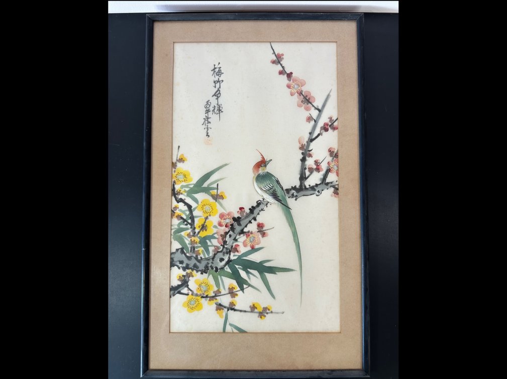 Framed Hand-Painted Bird and Blossoms Silk Artwork