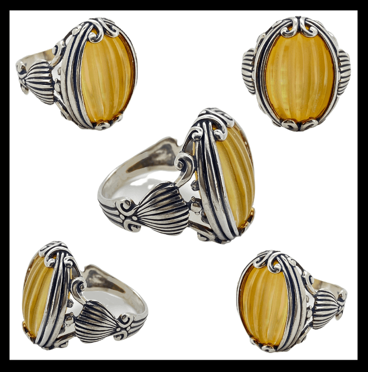 Vintage-Inspired Sterling Silver Ring with Carved Gemstone – Artisan Boho Statement Jewelry Size 9  8.60 Grams