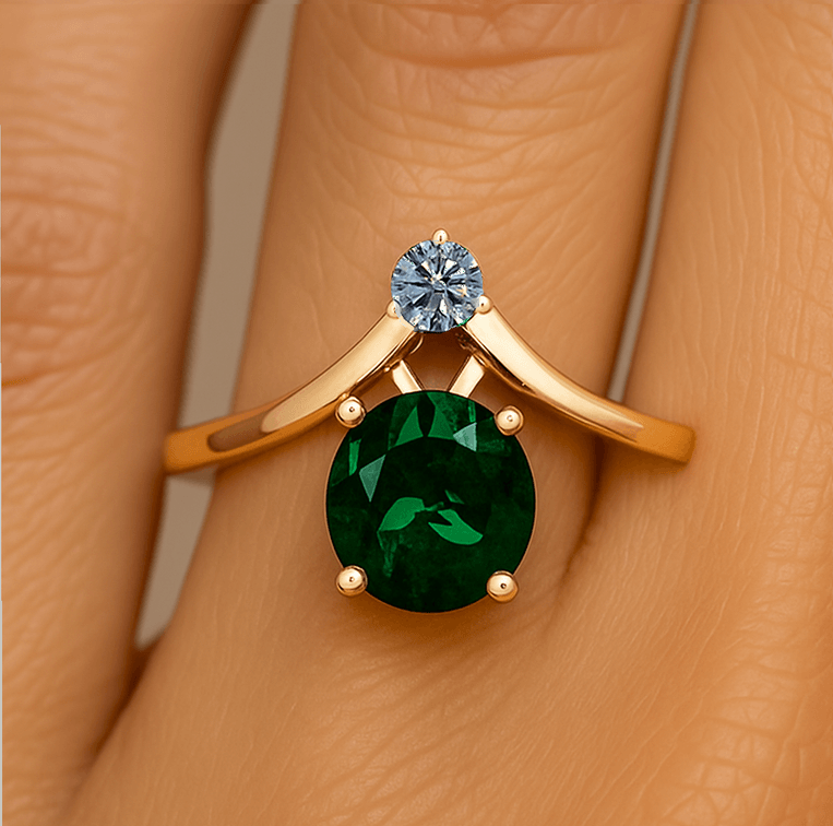 14K Gold Over Sterling Silver Ring with Chatham Emerald & Genuine Lab Grown Diamond – Elegant Chevron Design