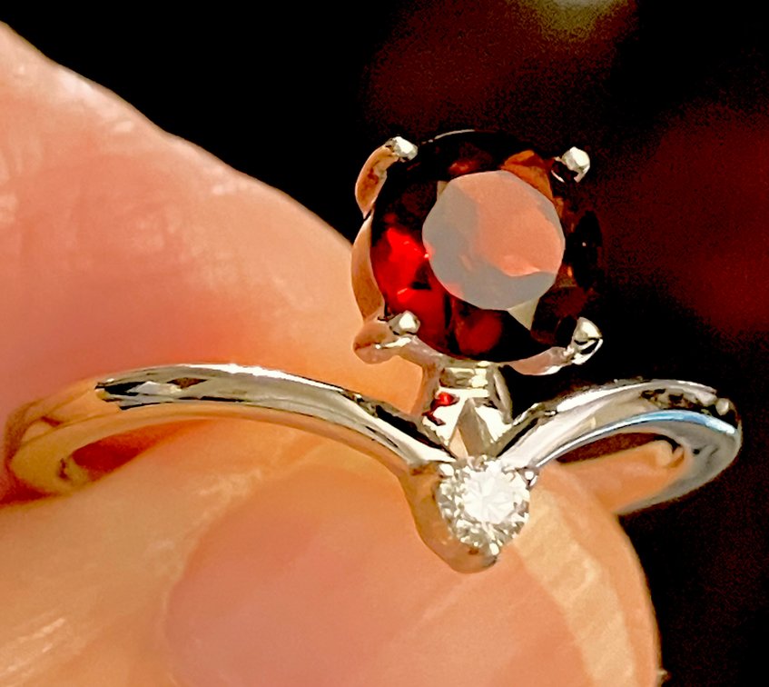 Rhodium Over Sterling Silver Ring with Genuine Red Garnet & Real Lab Grown Diamond – Elegant Chevron Design